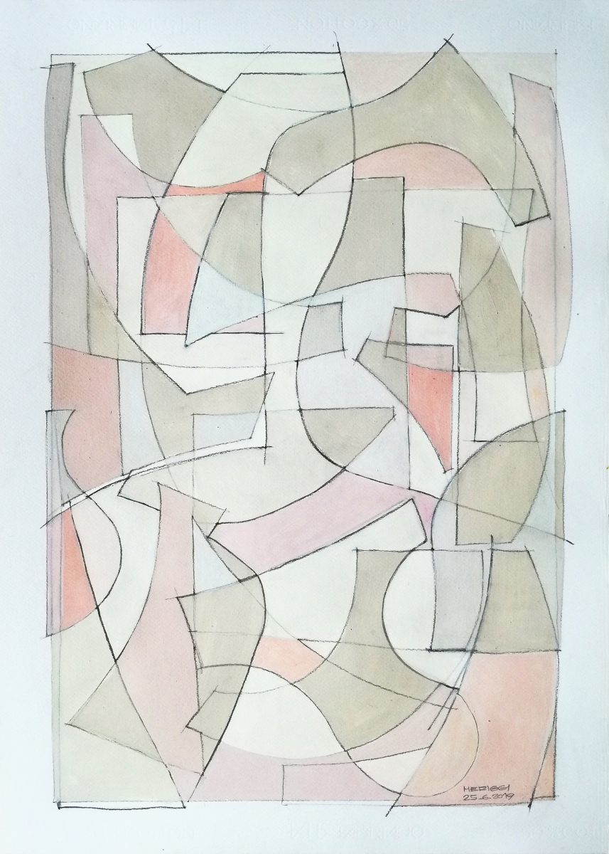 Composizione astratta di forme, acrilico su carta, 70 x 50 cm